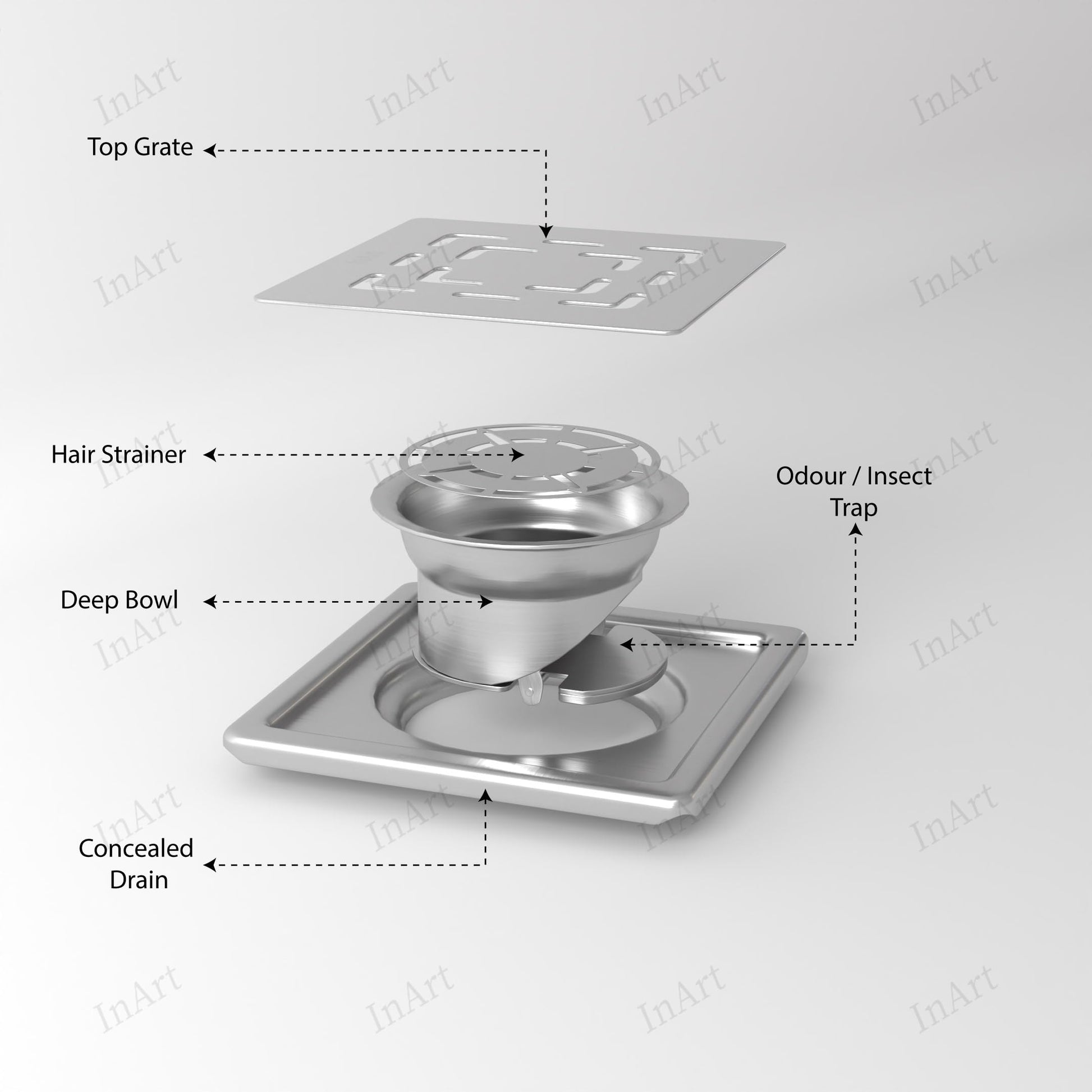 InArt 5x5 inch square floor drain jali, angled view showing slotted flat cut stainless steel top