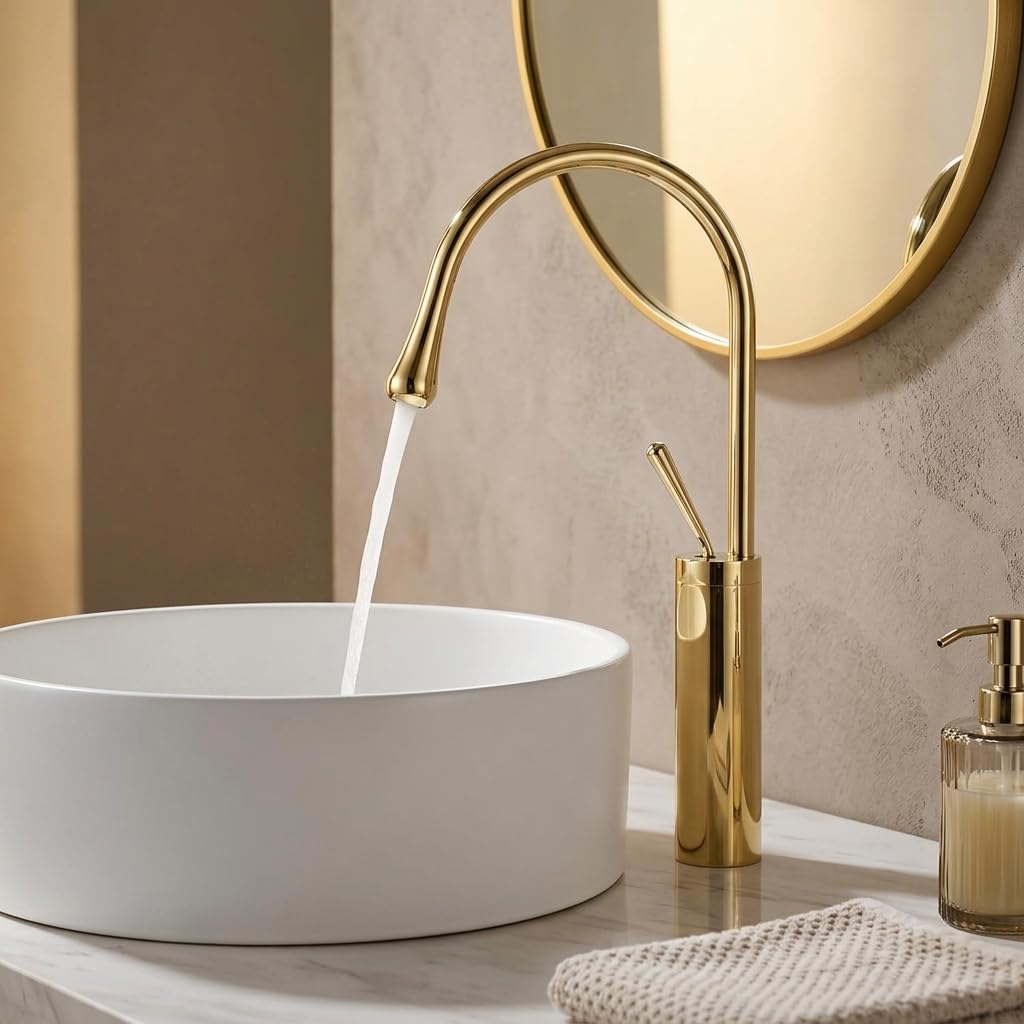 InArt single lever basin mixer tap in brass, high neck gooseneck long body, gold finish for wash basin