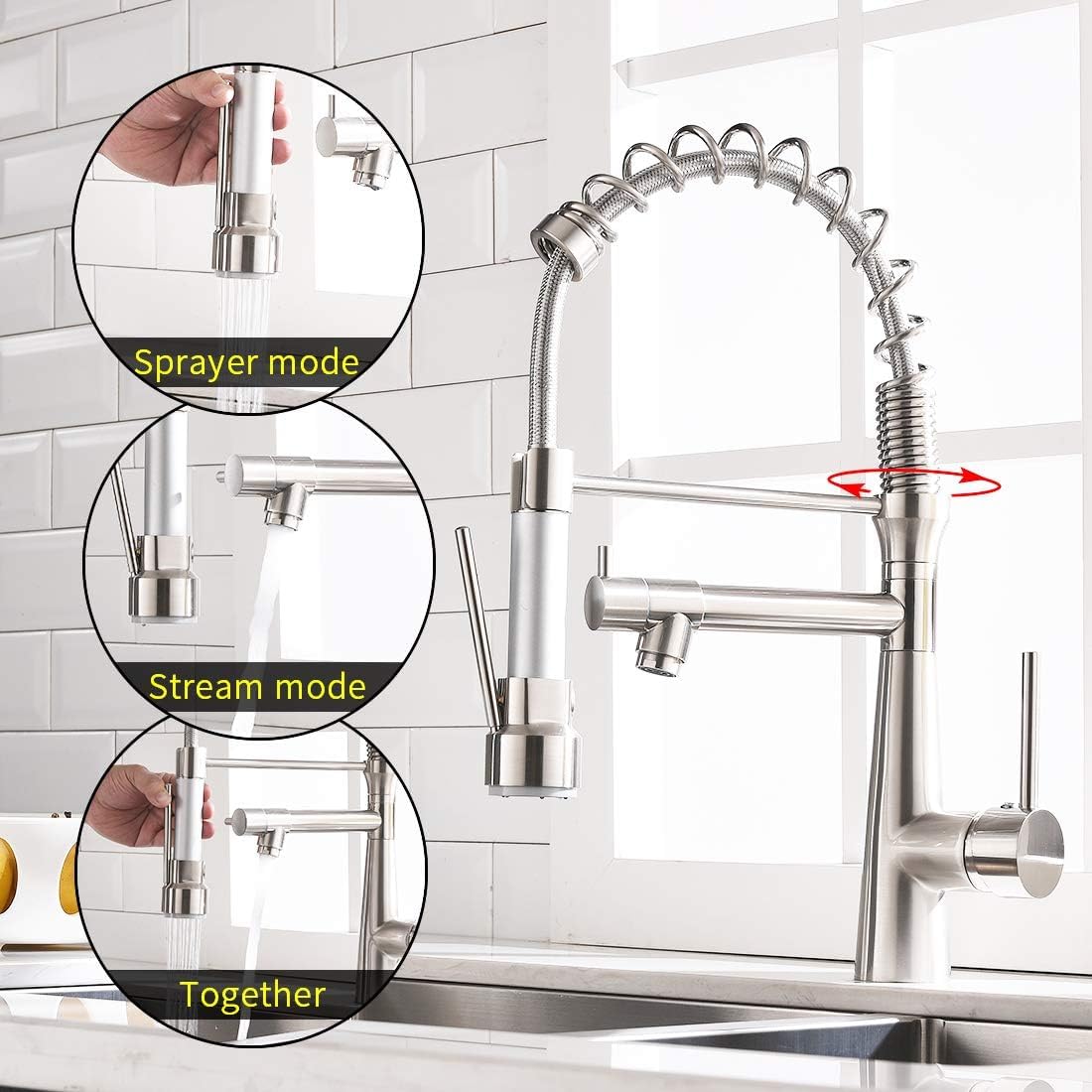 Sink with taps setup showing high-arc sink mixer for kitchen, brushed chrome metal finish