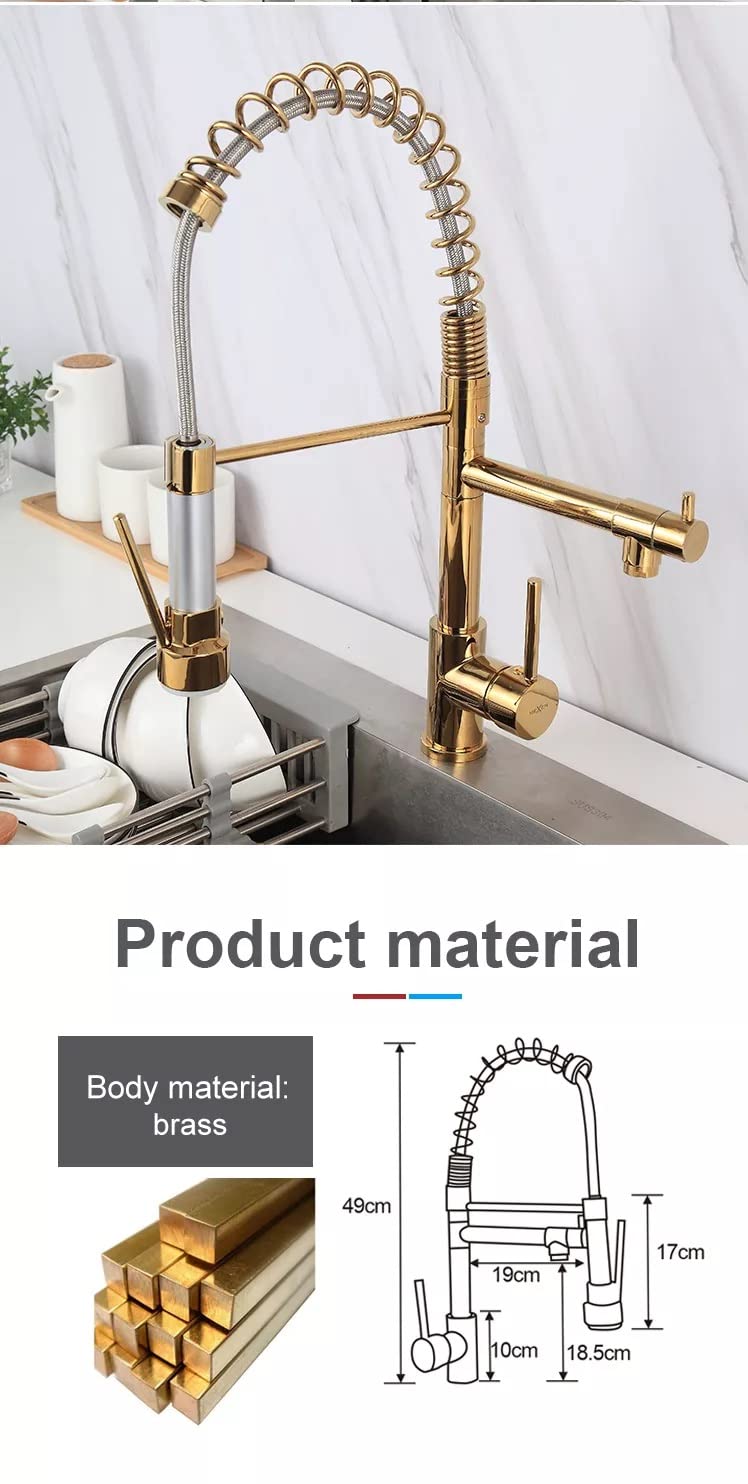 Sink tap pull out hose detail with multi-spray head for rinsing utensils, golden brass kitchen mixer tap