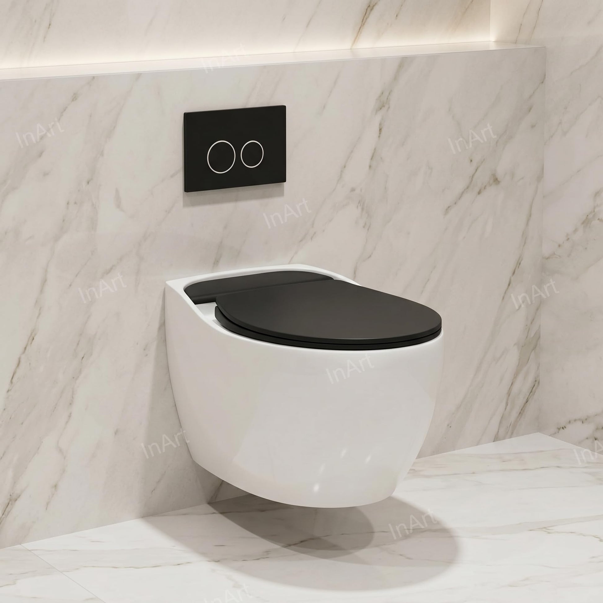 Close-up of glossy ceramic rim and seat on wall mounted WC, premium sanitaryware for Indian bathrooms