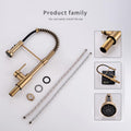Hot and cold mixer tap for kitchen sink in gold, single lever control with 360 degree swivel spout