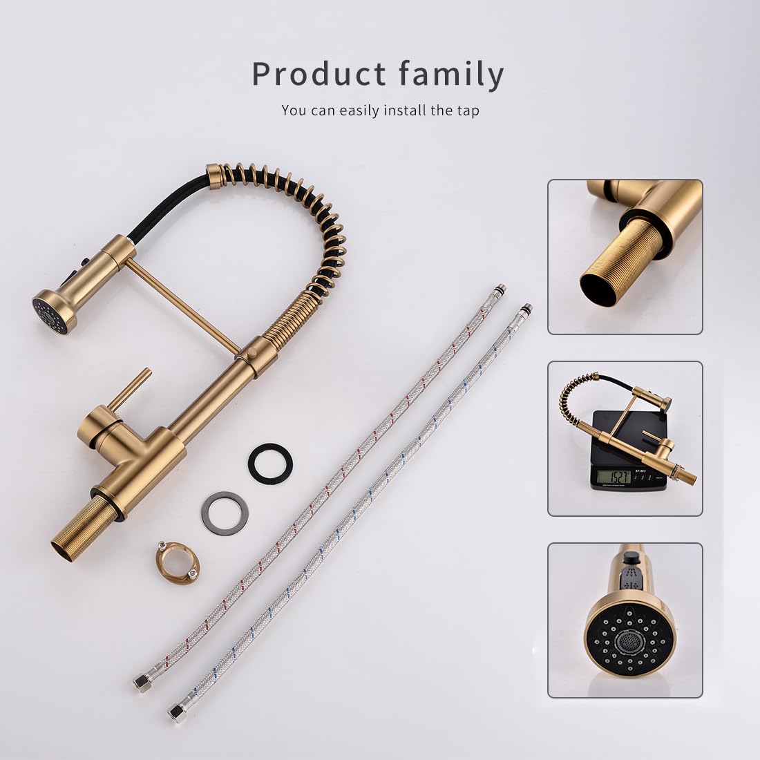 Hot and cold mixer tap for kitchen sink in gold, single lever control with 360 degree swivel spout