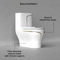 Single piece western commode rear view showing floor mounted S-trap outlet and sleek one piece ceramic body