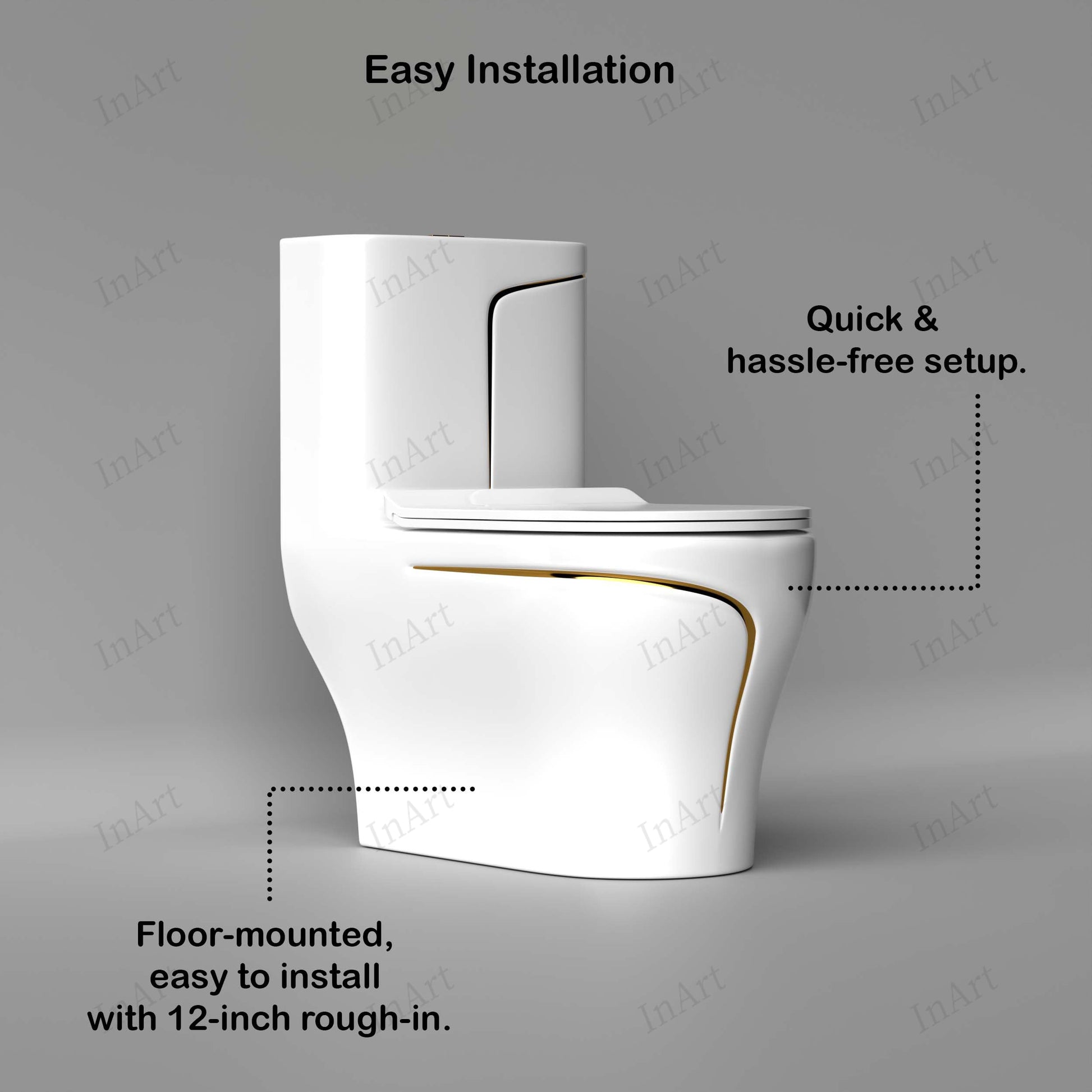 Single piece western commode rear view showing floor mounted S-trap outlet and sleek one piece ceramic body
