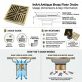 InArt square brass floor drain in antique bronze, fits 4 inch pipe for bathroom and kitchen use