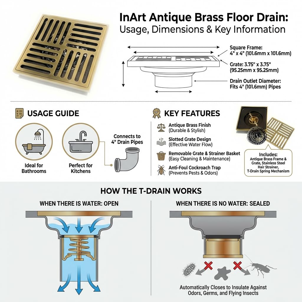 InArt square brass floor drain in antique bronze, fits 4 inch pipe for bathroom and kitchen use