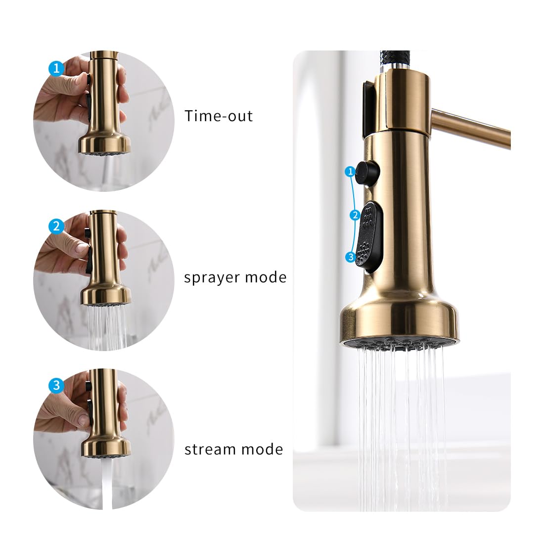 Pull down sink mixer in gold with flexible hose, sink mixer with pull out spray for Indian kitchens