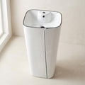 InArt ceramic pedestal wash basin close-up of glossy finish, black base with white square basin
