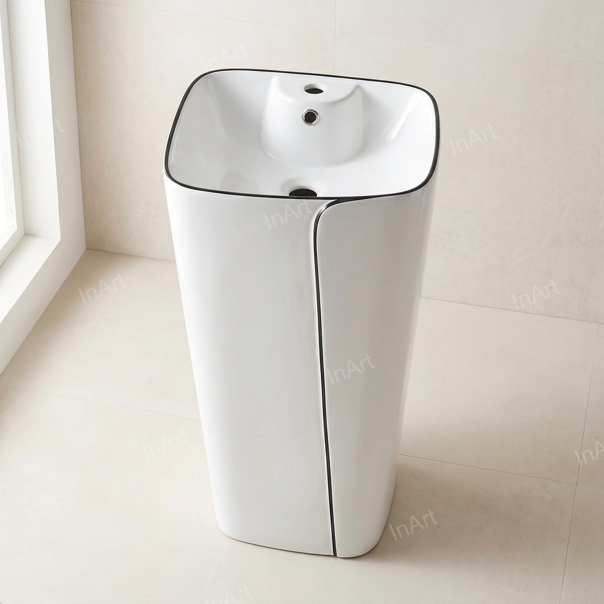 InArt ceramic pedestal wash basin close-up of glossy finish, black base with white square basin