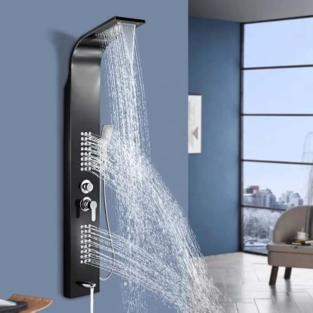 InArt black shower panel in 304 stainless steel, rectangular matte black 5 in 1 shower tower front view