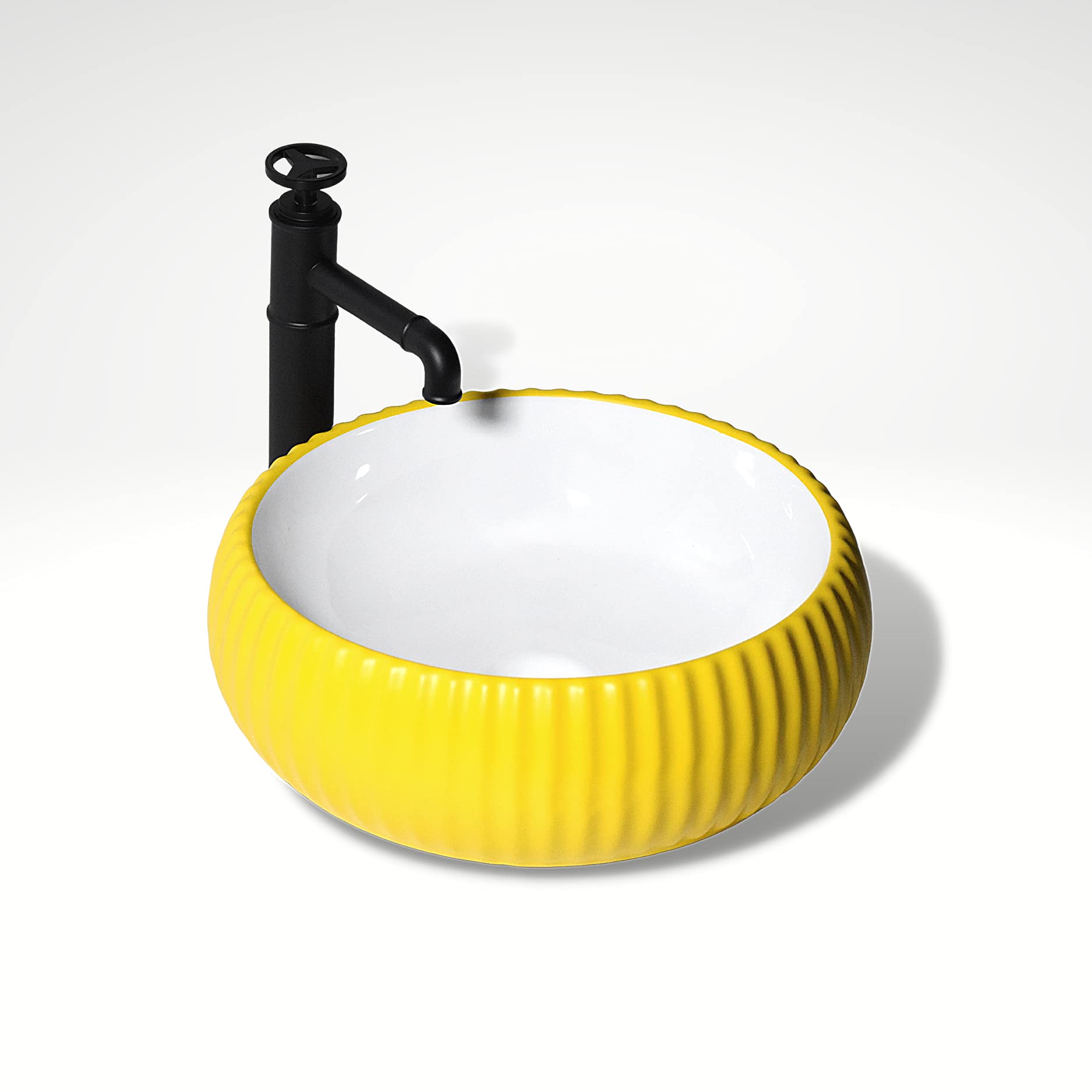 Table top basin design for bathroom, yellow square ceramic wash basin on vanity counter with tap space
