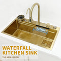 Waterfall kitchen sink with pull out tap and RO tap, 304 stainless steel single bowl, side angle brushed gold