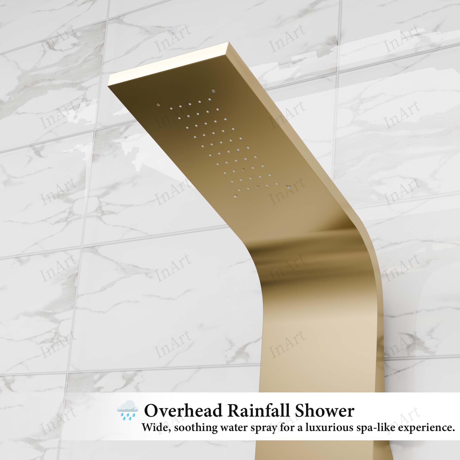 4 in 1 shower panel set showing rainfall shower head, body nozzles and spout in brushed gold stainless steel