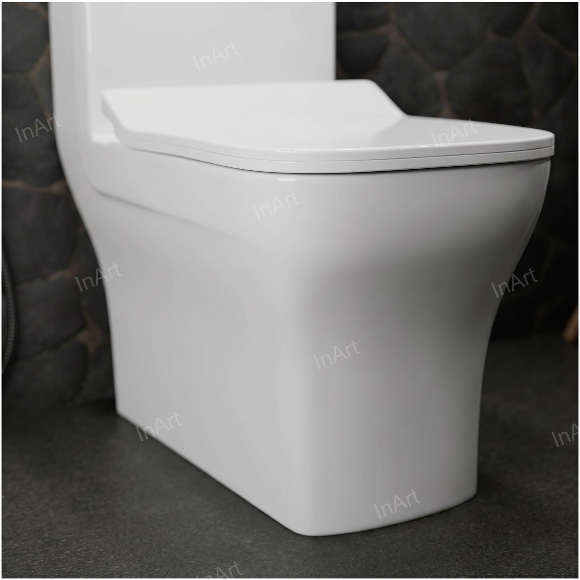 InArt square one-piece western toilet commode, soft close seat hinge and lid close-up
