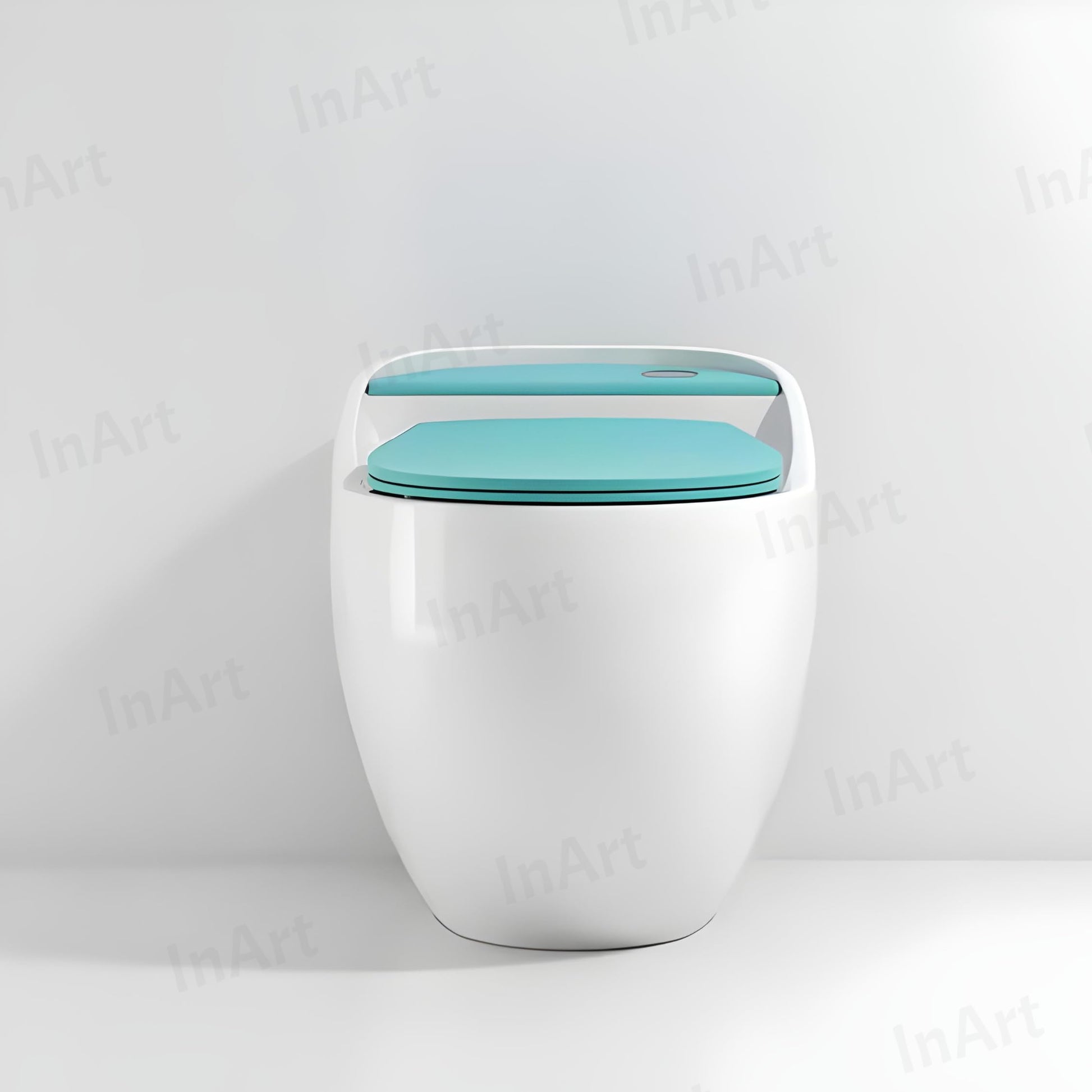 Single piece western toilet with soft close seat, white and blue ceramic finish, angled side view