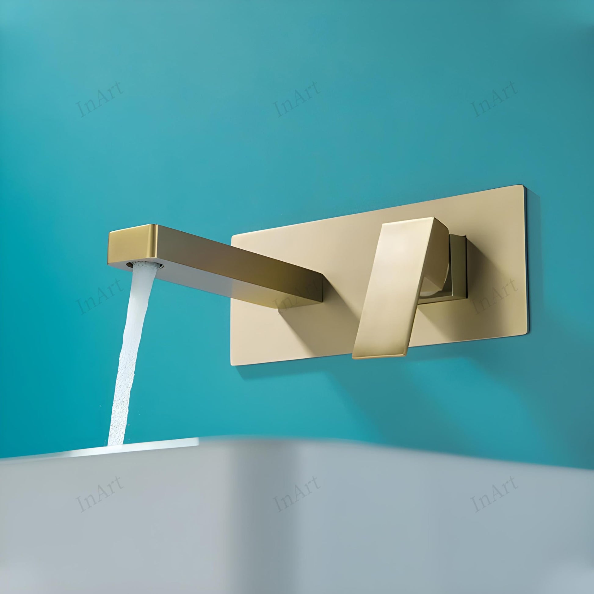 InArt wall mount basin mixer tap hot and cold, close-up of brushed gold finish and lever control