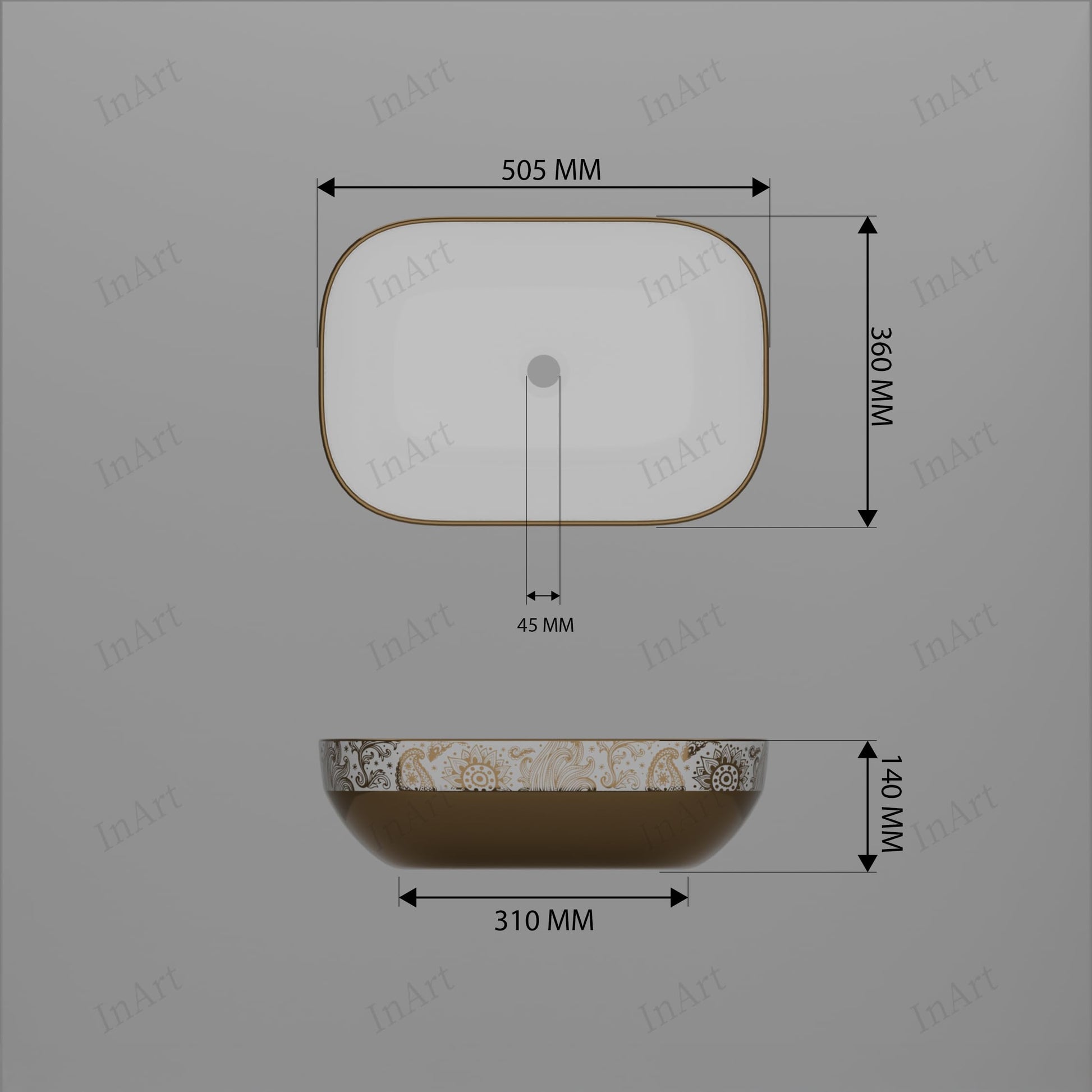 Table top wash basin with cabinet styling idea, rose gold rectangular ceramic basin on vanity counter