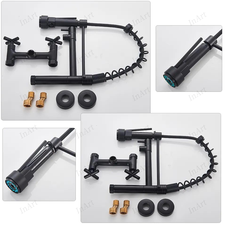 Sink tap wall mounted in black matte finish, angled view showing single lever mixer and flexible sprayer hose