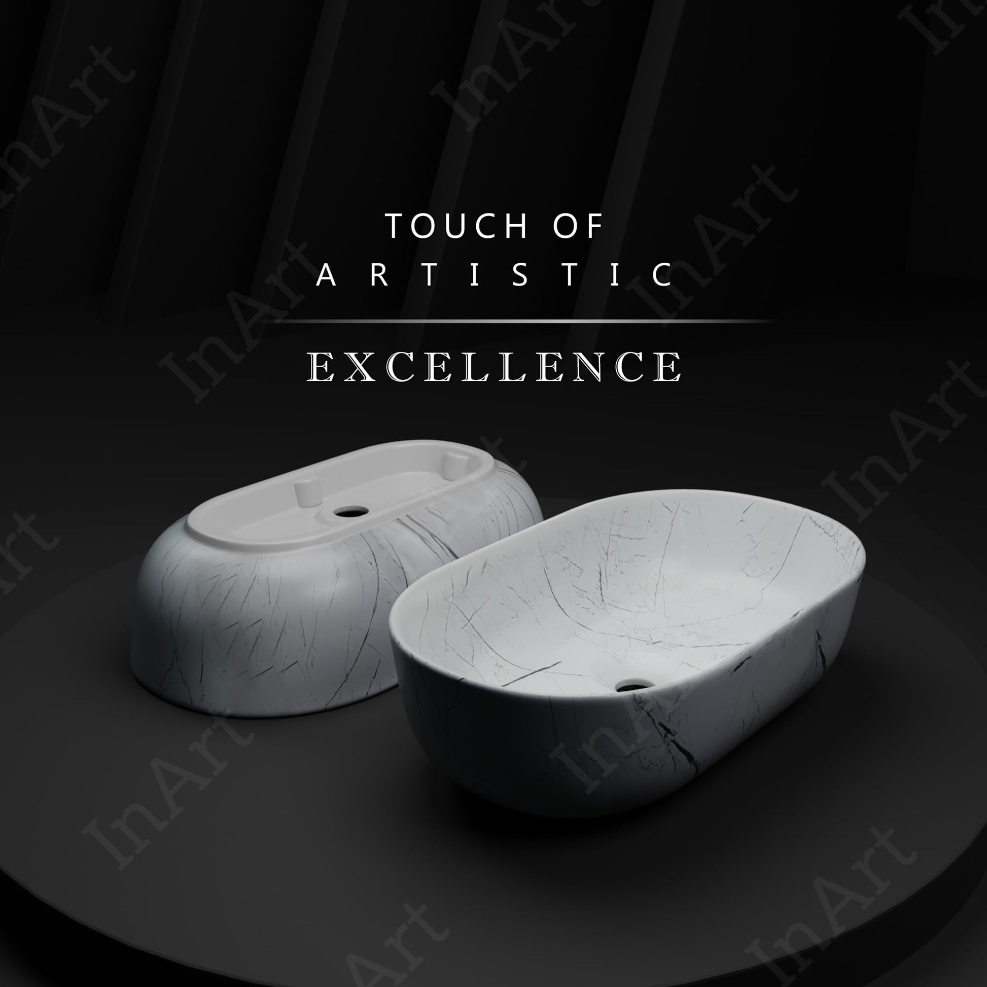 Table top basin design in glossy white marble finish, rectangular countertop wash basin angled view