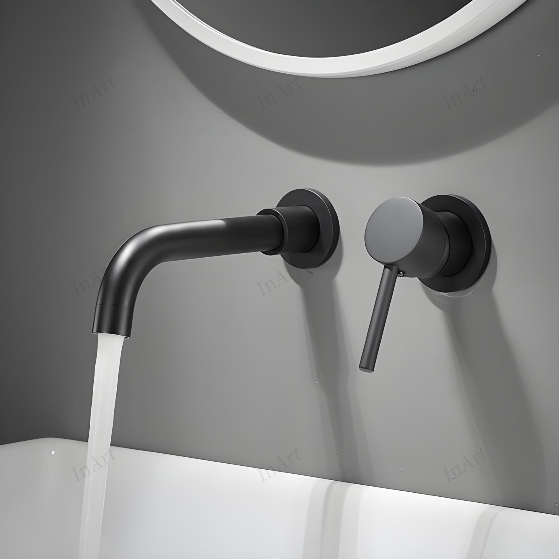 InArt wall mounted mixer tap in modern bathroom setting, matte black waterfall basin tap for wash basin