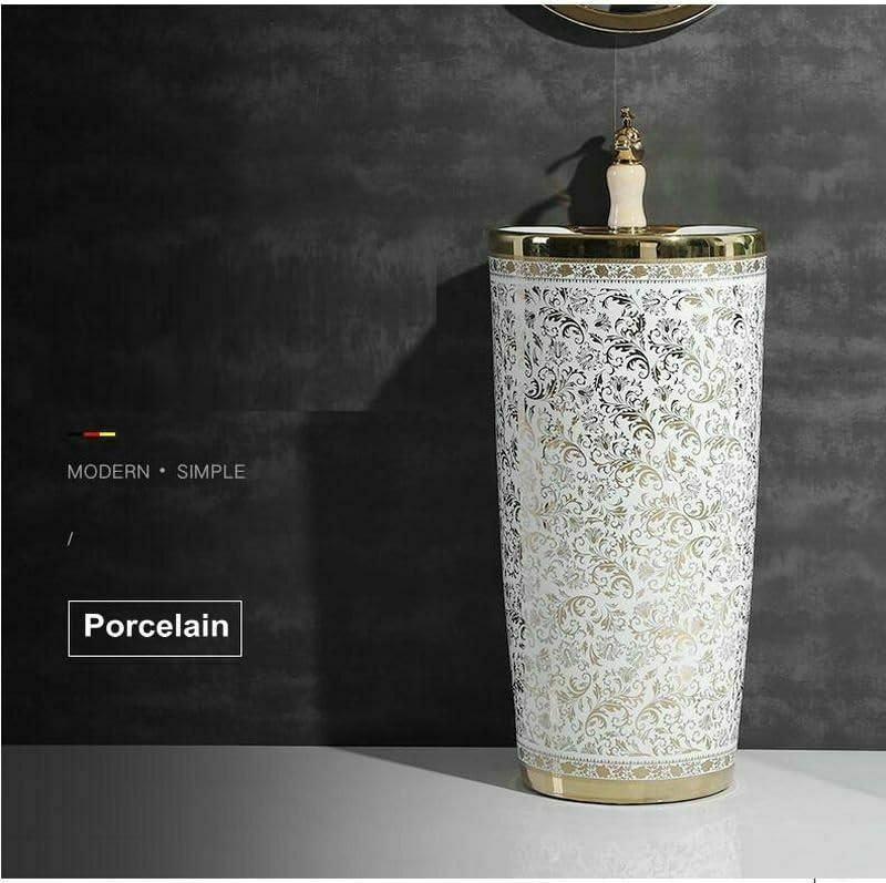 Luxury bathroom sinks look with round ceramic pedestal wash basin, glossy white with gold accent, lifestyle