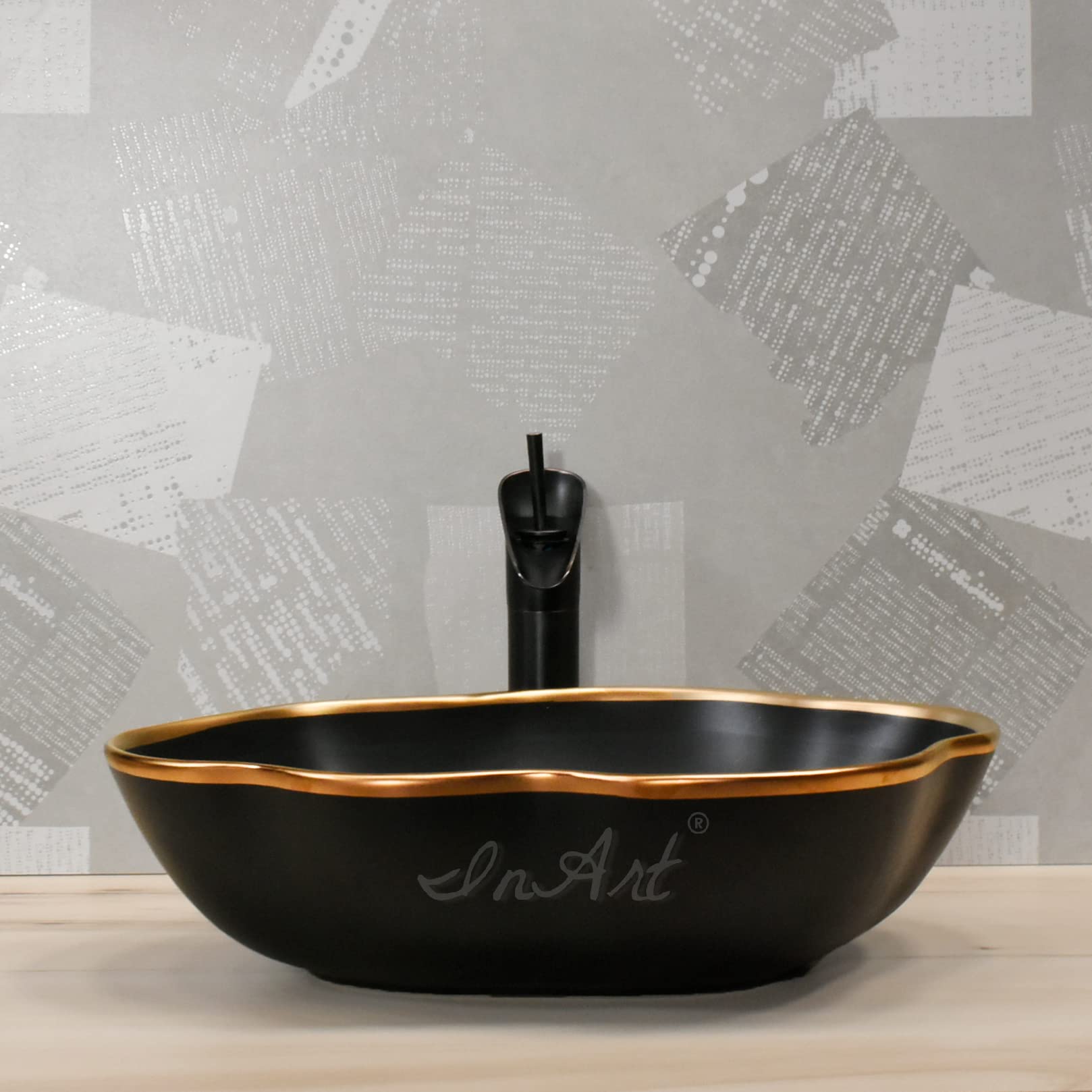 InArt contemporary wash basin, rectangular tabletop washbasin in matte black with gold rim, 3/4 angle view