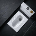 20 inch Orissa pan with flush tank, glossy white ceramic Indian toilet pan and cistern set, side angle view