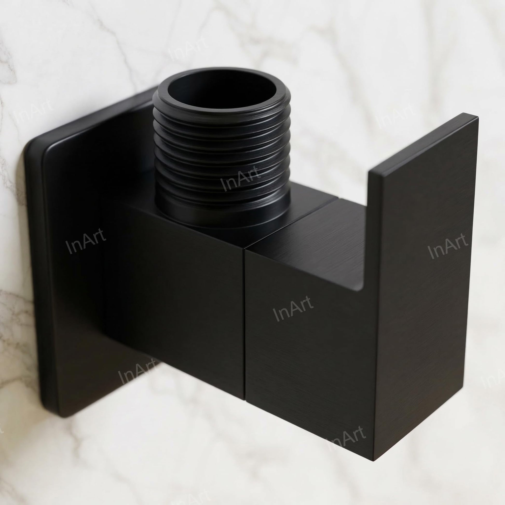 Brass stop cock with flange, matte black wall angle valve for sanitaryware fittings, close-up of spindle