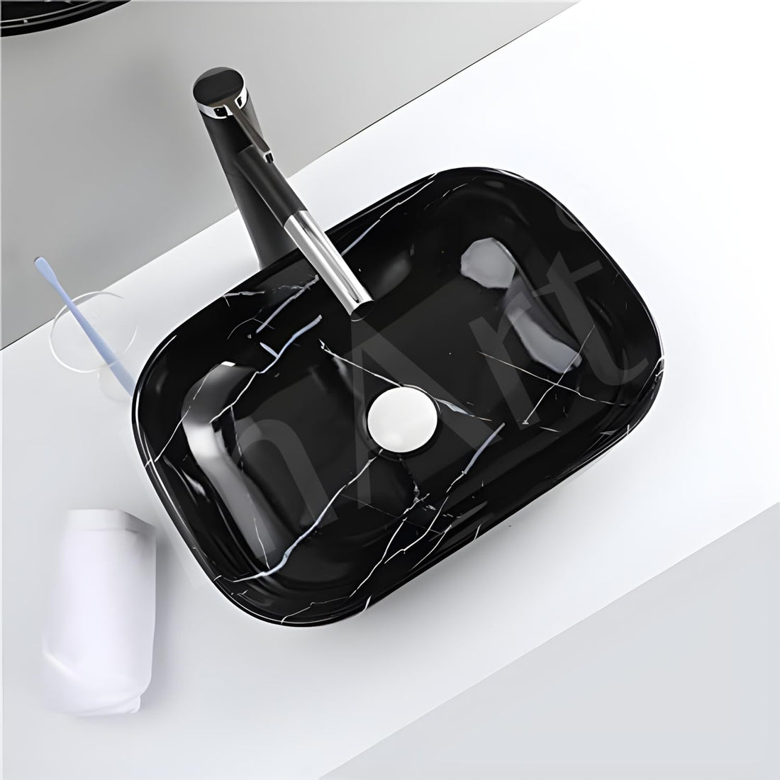 InArt ceramic rectangular table top wash basin design in black finish, main front view