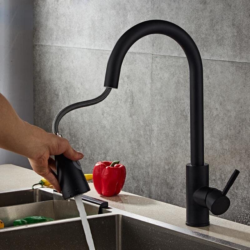 Pull down kitchen sink faucets in matte black, brass body with 360° swinging spout for Indian modular kitchen
