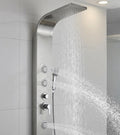 3 piece shower wall set look with handheld shower, mixer control and tub spout on brushed chrome panel, detail view