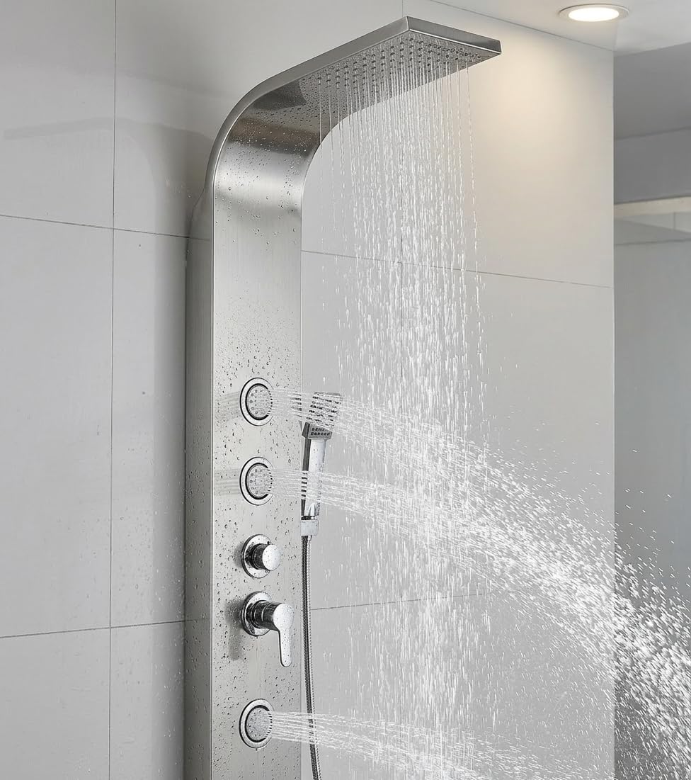3 piece shower wall set look with handheld shower, mixer control and tub spout on brushed chrome panel, detail view
