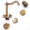 Waterfall sink mixer tap style spout in antique matt brass, premium deck mounted basin mixer detail view