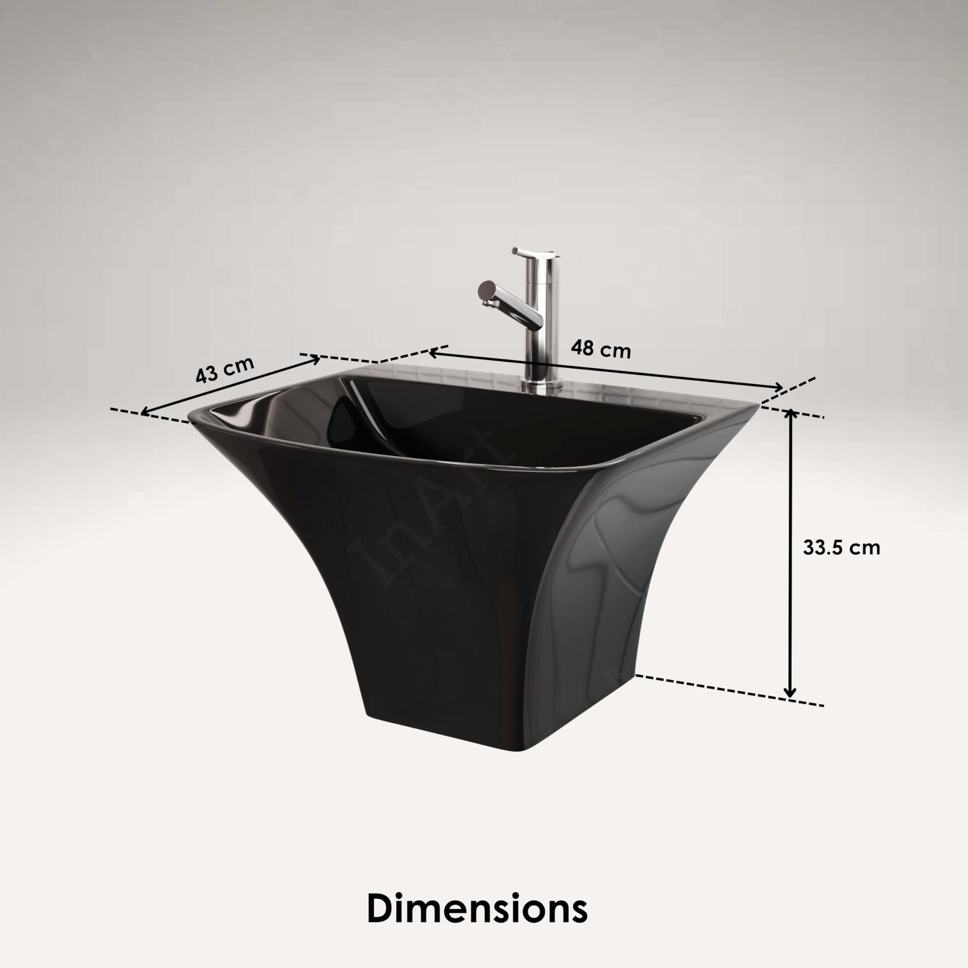 Modern bathroom basin design in glossy black, rectangular ceramic wall hung wash basin, 3/4 angle view
