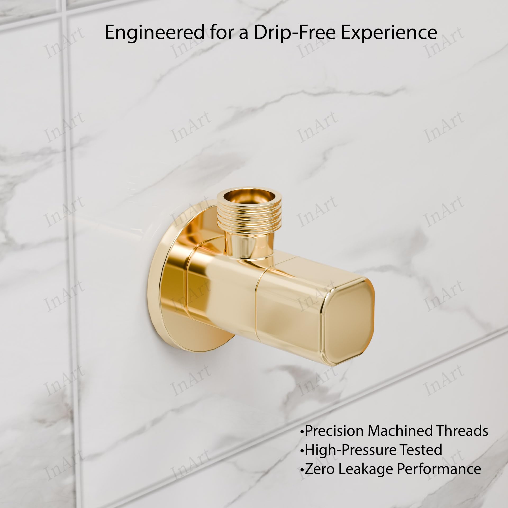 Angle valve for wash basin tap, gold brass stop cock with wall flange plate - installed look