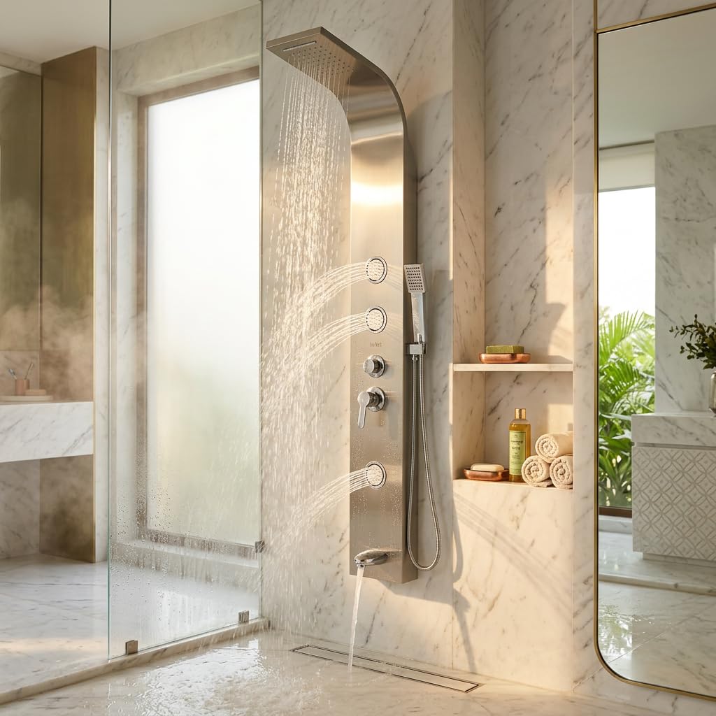 InArt shower panel set in stainless steel rectangular brushed chrome finish, front view with rainfall head and jets