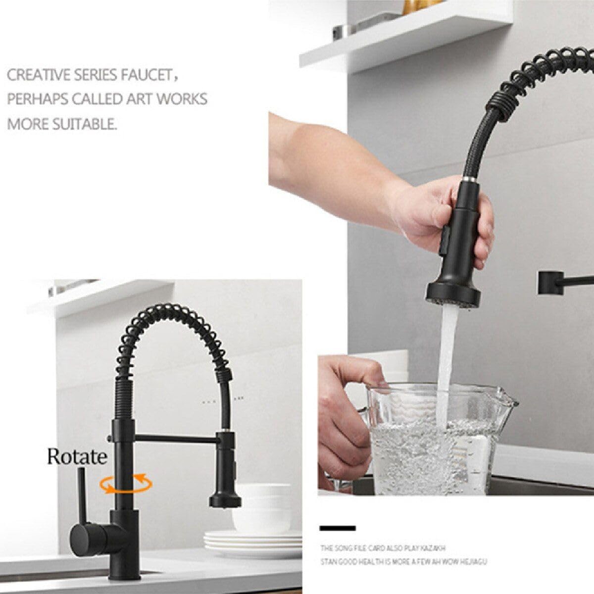 Sink tap flexible hose detail on brass kitchen sink mixer tap, pull-down sprayer extended for rinsing