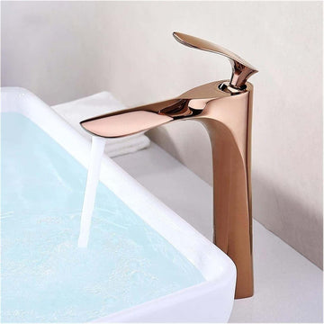 InArt wash basin mixer tap in rose gold finish, metal long pillar tap for bathroom wash basin
