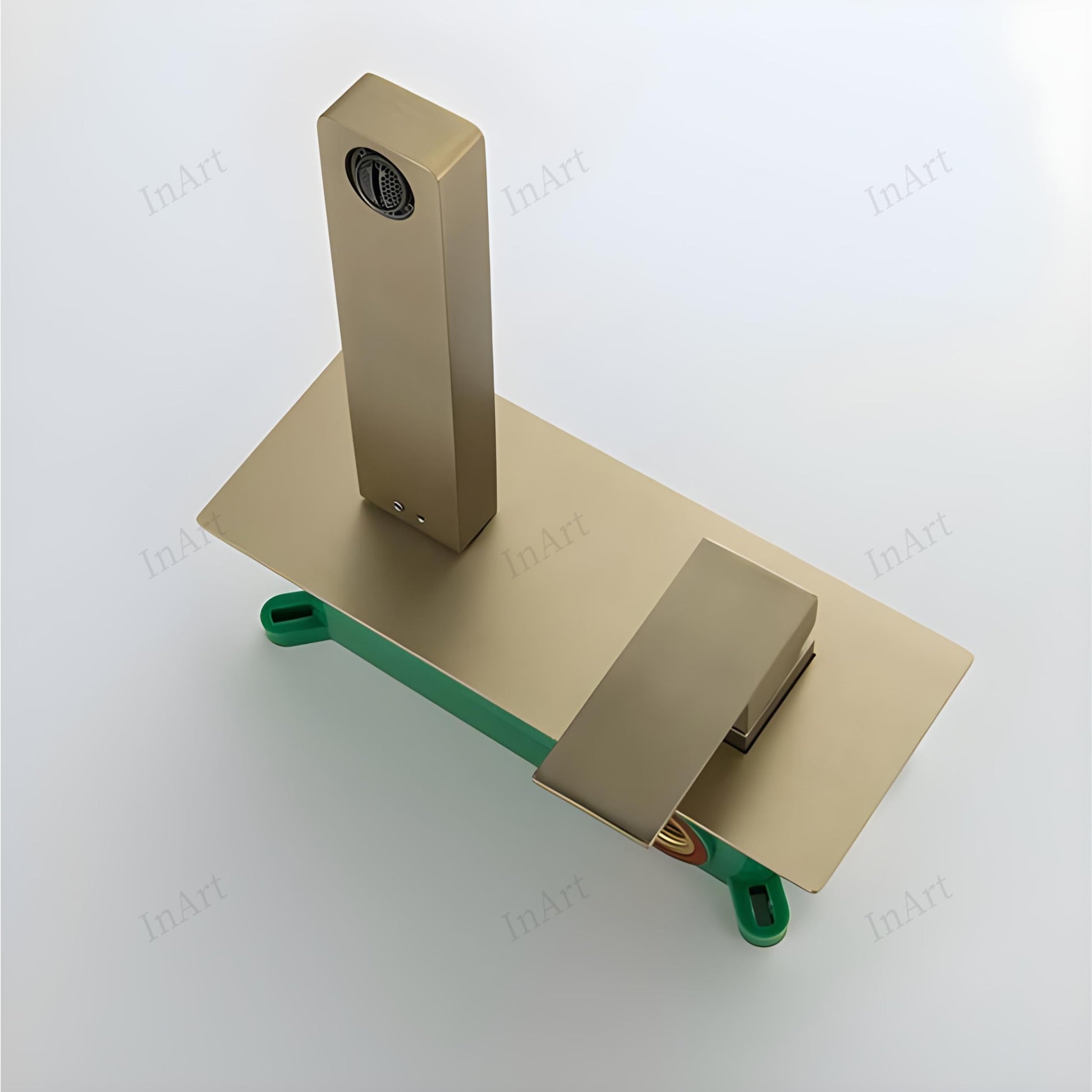 InArt brushed gold sink mixer installed on wall above wash basin, modern bathroom interior look