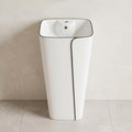 Designer pedestal wash basin design in black and white, square ceramic freestanding basin angled view