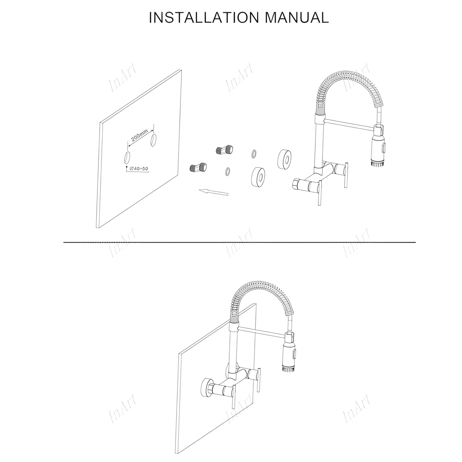 InArt kitchen faucet with sprayer showing pull-down hose and spray modes in matte black brass