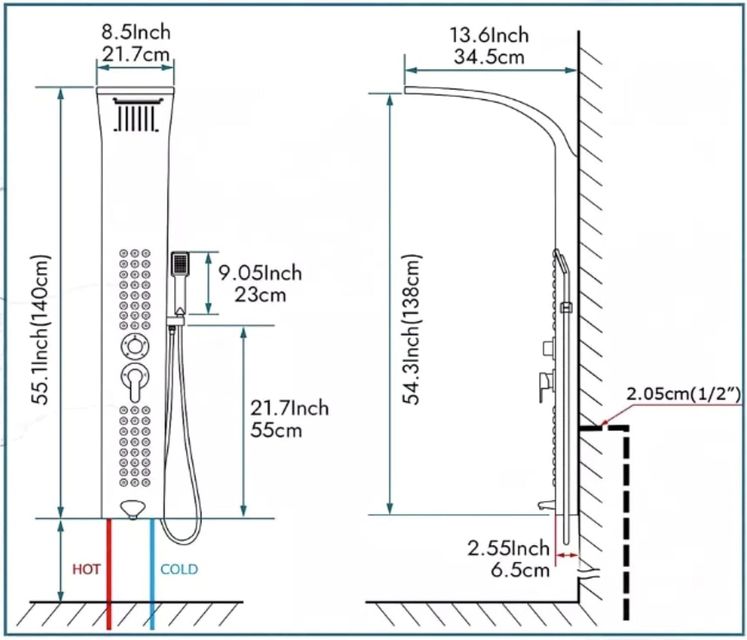 Gold shower tower installed in bathroom interior, wall mounted shower tower with rainfall head and hand shower