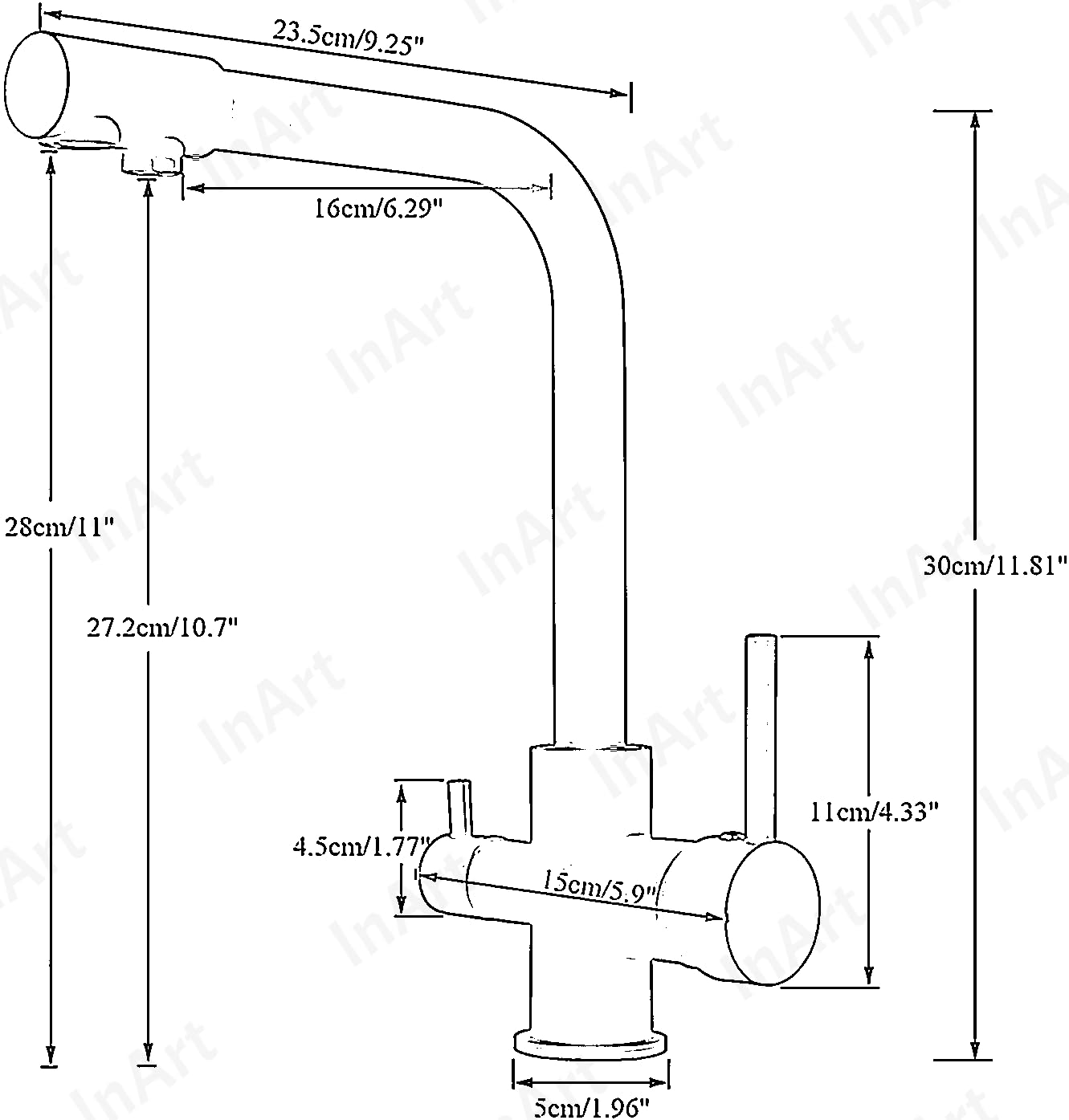 White swan neck sink tap with water filter, side angle view of 360° swivel brass spout and dual lever