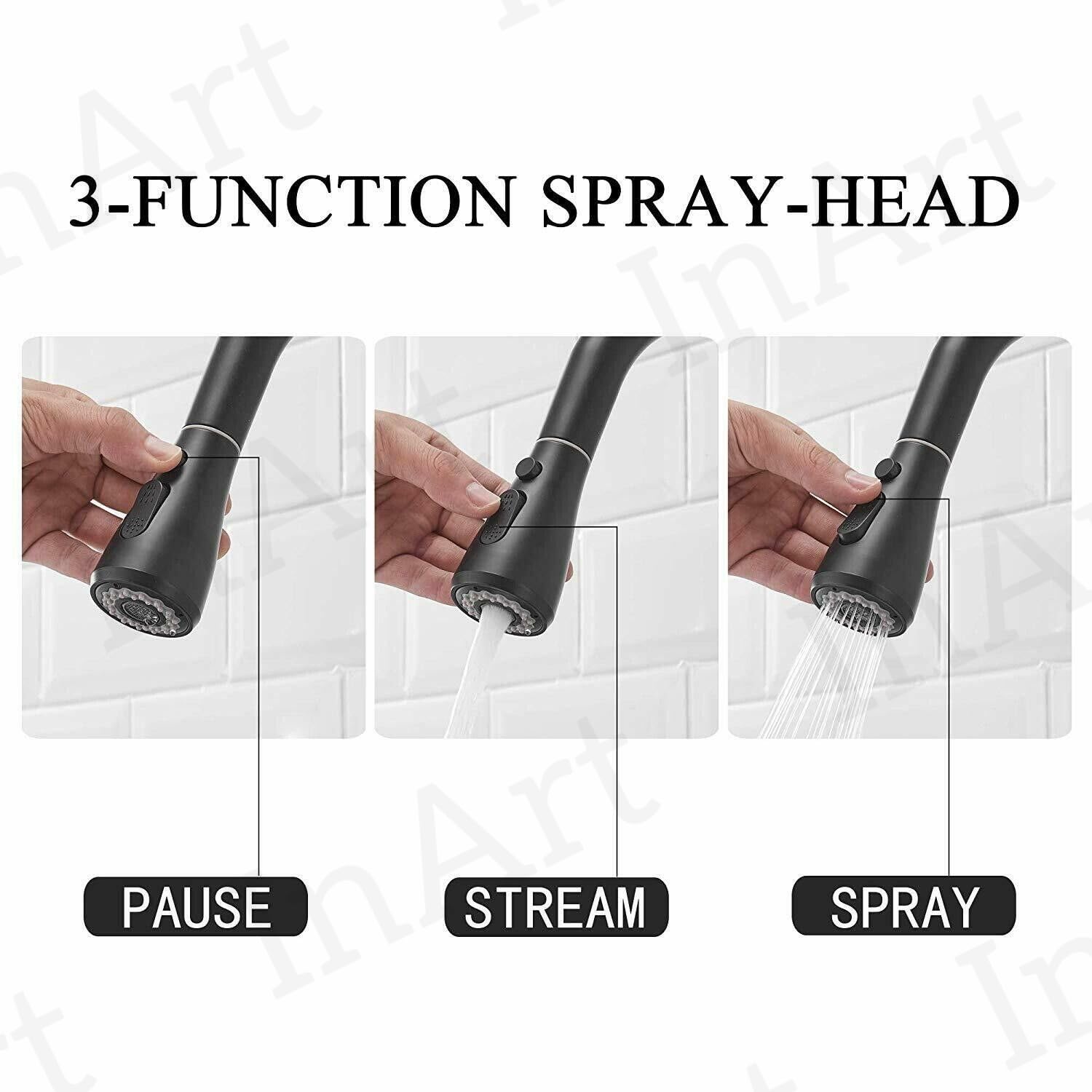 Close-up of InArt sprayer kitchen faucet head with multi-function spray modes in matte black finish