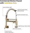 Wall mounted tap for kitchen sink in gold finish, angled view showing single lever mixer and swivel spout