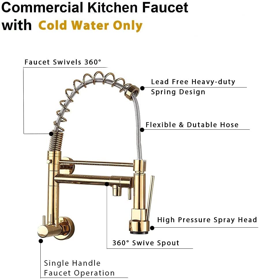 Wall mounted tap for kitchen sink in gold finish, angled view showing single lever mixer and swivel spout