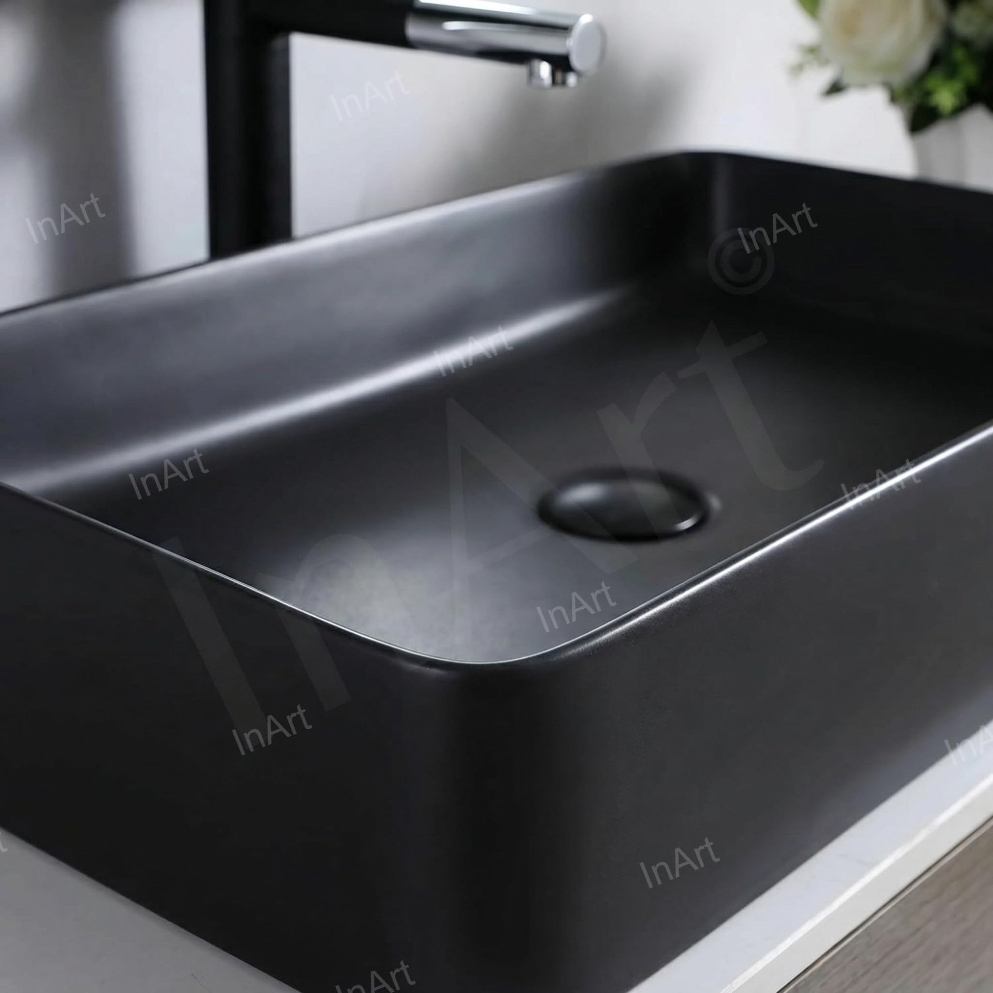 InArt counter top wash basin black in bathroom interior with tap, modern washroom basin design 60x34 cm
