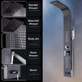 Modern shower tower black installed in bathroom interior, InArt 5 in 1 shower panel with handheld shower