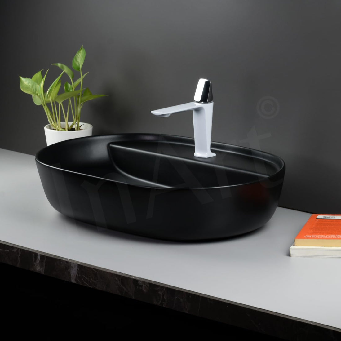 InArt ceramic oval table top wash basin, matte black finish, 24 inch above counter bathroom basin